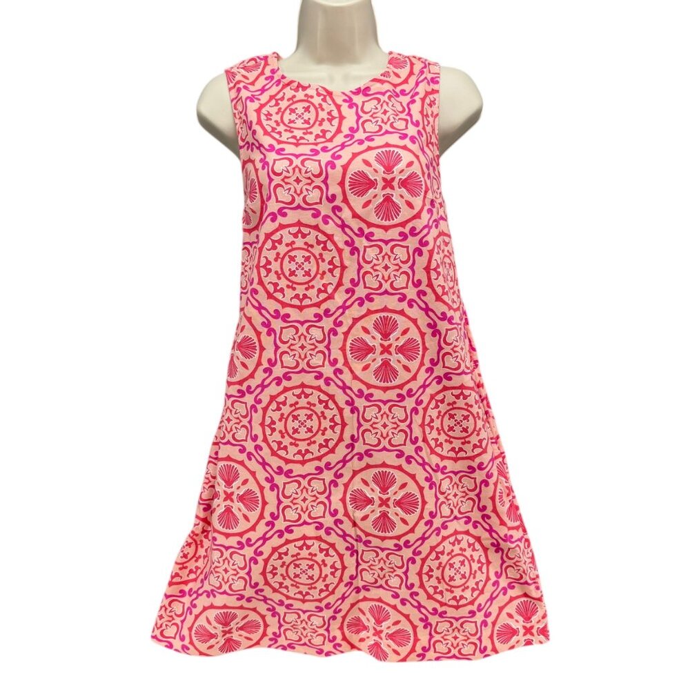 Crown & Ivy Mini Dress Pink Red Medallion Print Sleeveless Pockets Cotton Size S
